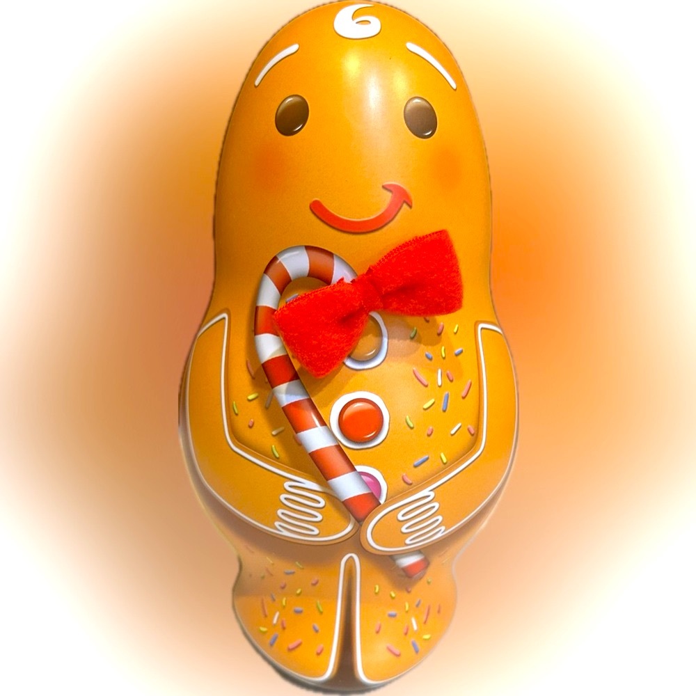 GINGERBREAD MAN CANDY CANE CAPSULE TIN 9.5” BABY GIFT WRAP BOX DECOR HOLIDAY